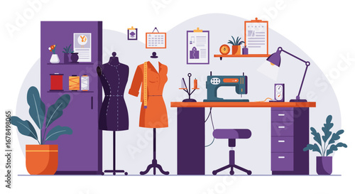 Modern sewing room with fashion dress form and sewing machine in flat design