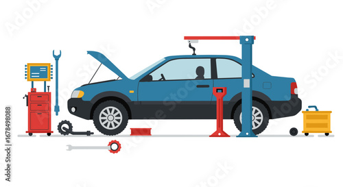 Flat style car maintenance scene with garage tools and equipment
