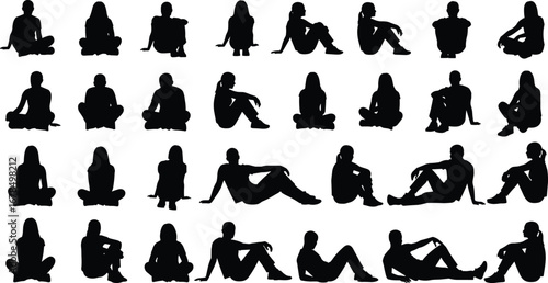Collection of thirty seated human silhouette poses in various sitting positions, diverse body language postures, vector illustration for design reference
