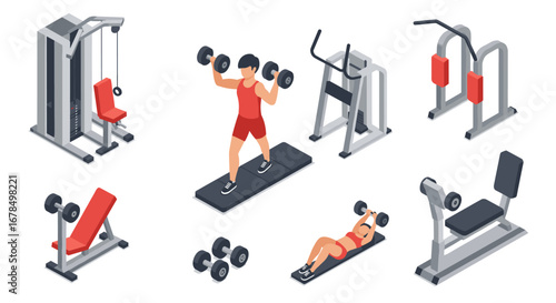 Modern fitness equipment and workout poses in isometric style