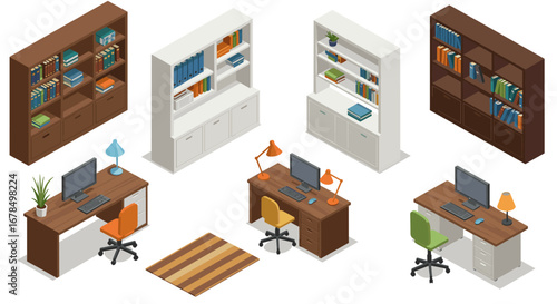 Modern isometric office furniture set with desks and bookshelves