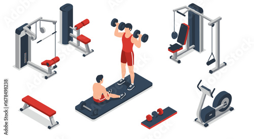 Isometric gym equipment set with people exercising: dumbbells, machines, and bench in a modern workout space