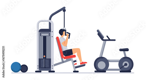 Modern gym equipment set with exercise bike and weights in flat style