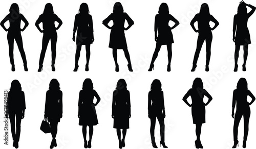 Collection of fourteen stylish women silhouette poses in various standing positions, fashion figure outlines, vector illustration for design and art reference