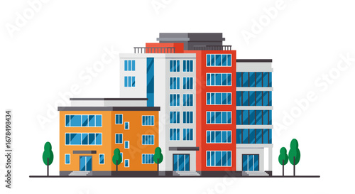 Modern urban apartment building with colorful facade and trees