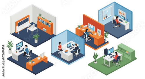 Isometric office workspace collection featuring shared desks and remote workstations