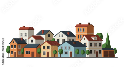Charming residential neighborhood with colorful houses and greenery
