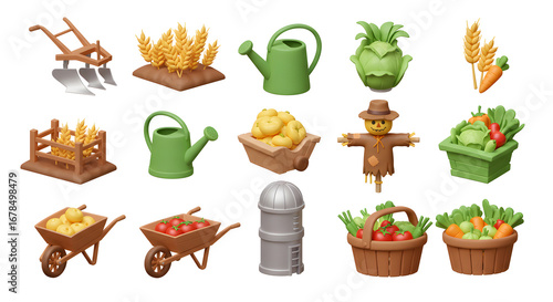 Conceptual 3D icon set for agriculture and farming, featuring cartoon-style harvest elements like vegetables, crops, and garden tools