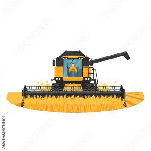 Yellow Combine Harvester Harvesting Golden Wheat on a Sunny Day Illustrating Modern Agricultural Practices and Ripe Crop Harvesting