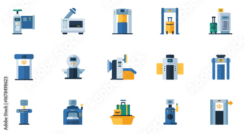 Airport security checkpoint icons set featuring modern flat style designs