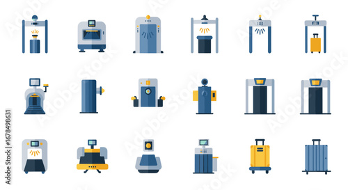 Flat design airport security equipment icons set for modern travel applications