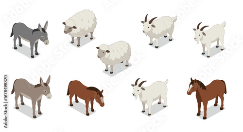 Isometric farm animals collection: horses, sheep, goats, donkeys in cartoon style