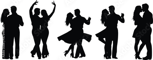 Black silhouette vector illustration of five dancing couples in various poses, ballroom, tango, waltz, salsa, romantic dance, performance concept