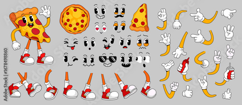 Retro cartoon pizza character сonstruction kit with faces, hands in gloves gesture and legs poses. Cool pizza mascot slice for fast food cafe pizzeria logo, groovy vector set