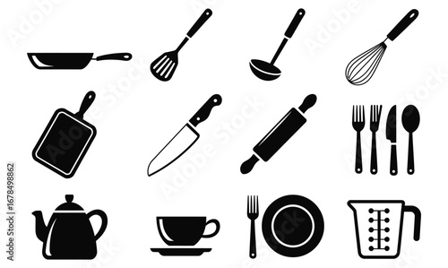 WebCulinary tools ready for cooking projects, kitchen utensils for baking and meal prep, essential cooking equipment for a home chef, kitchenware collection, culinary arts illustration, food preparati