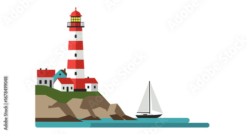 Coastal landscape with striped lighthouse and sailboat in flat design