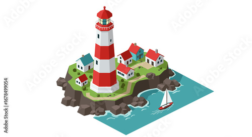 Isometric lighthouse on coastal cliff with sailboat and seaside houses