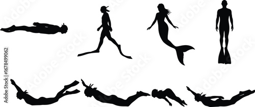 Black silhouette underwater figures including swimmers, divers, flipper walkers, and mermaid, showcasing aquatic movement, swimming techniques, and marine fantasy illustration