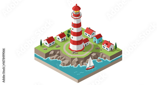 Isometric lighthouse scene with coastal village and sailboat