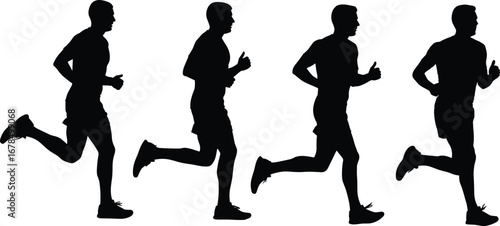 Black silhouette running motion sequence showing four stages of stride cycle for sports training, athletics, fitness, and human movement illustration design
