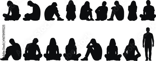 Black Silhouette People Sitting and Standing in Various Depressed and Lonely Postures Showing Sadness, Isolation, Mental Health, and Emotional Distress
