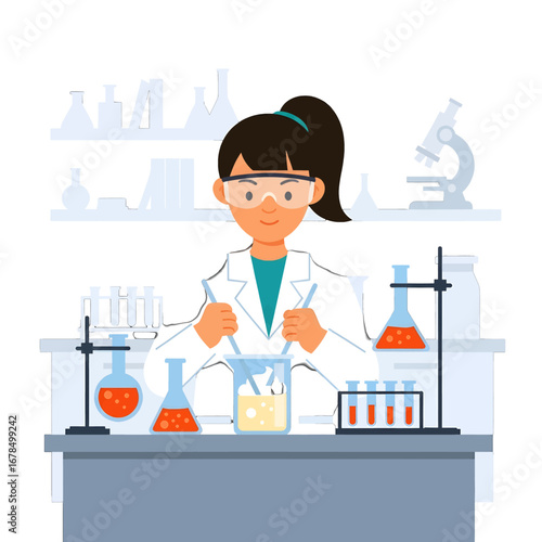 Scientist Woman in Lab Coat Conducting Experiment in Laboratory with Glassware and Microscope on White Background
