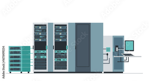 Modern data center with network servers and computer workstation