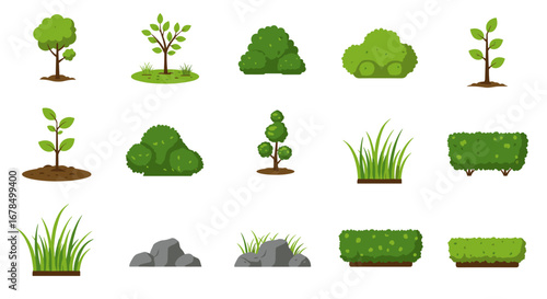 Flat greenery collection: trees, shrubs, grass, and rocks for landscape design
