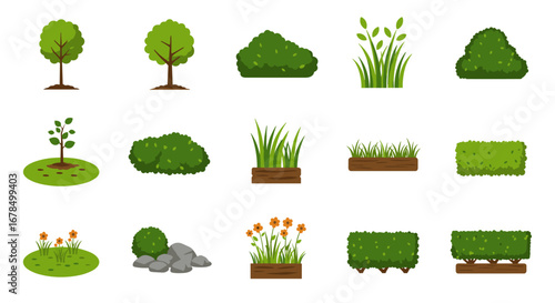 Collection of flat greenery elements: trees, bushes, and plants for nature scenes