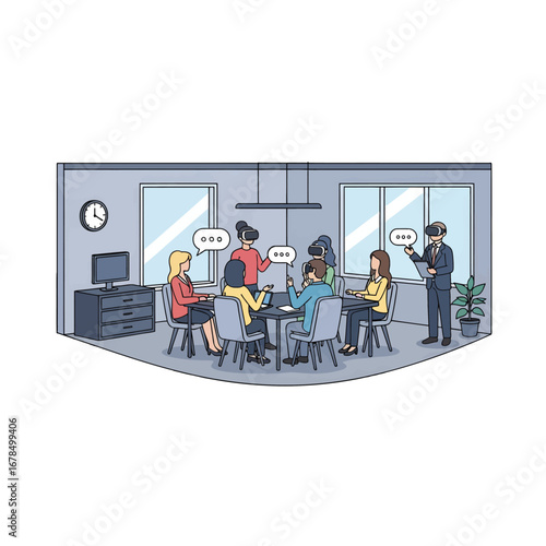 Pixel Art Depiction of a Business Meeting with Individuals Using Virtual Reality Headsets in a Modern Office Setting