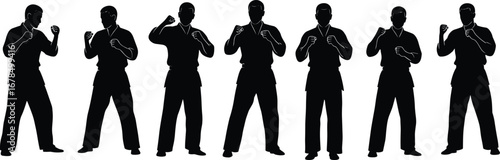 Black Silhouette Martial Arts Fighters in Various Karate and Taekwondo Stances Showing Combat Poses, Training, Discipline, Sports, and Self‑Defense Skills