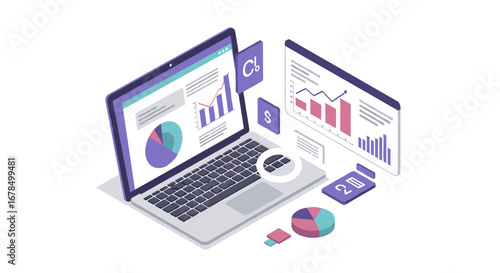 Isometric digital analytics with laptop and graphical data elements