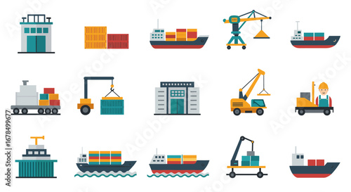 Cargo transport icons set featuring ships, cranes, trucks in flat design style