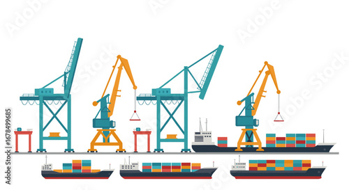 Flat design cargo port with cranes and container ships