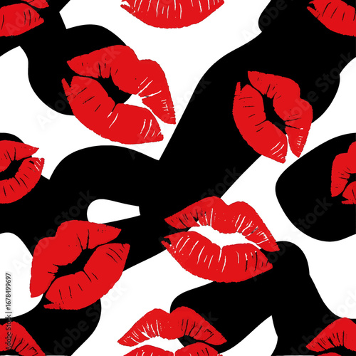 Abstract Seamless Pattern with Red Lips Silhouettes on Black and White Background for Fashion Textile or Wrapping Paper