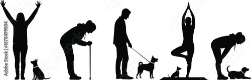 Black silhouette people interacting with dogs in various activities, including walking, playing, yoga, and training, showcasing companionship and pet lifestyle illustration