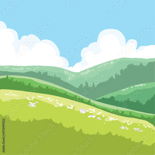 Rolling Green Hills Under a Blue Sky with Fluffy Clouds