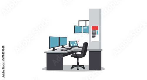 Modern control room with multiple monitors and office chair in flat design