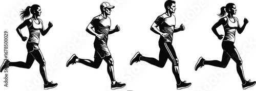Black and white vector illustration of male and female runners in dynamic athletic poses, sports training, fitness, marathon, healthy lifestyle concept