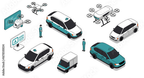 Urban mobility concept: isometric cars and drones for future city transport
