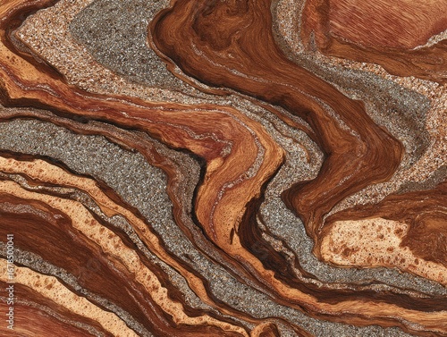 Abstract wood-like pattern with flowing lines and embedded metallic particles
