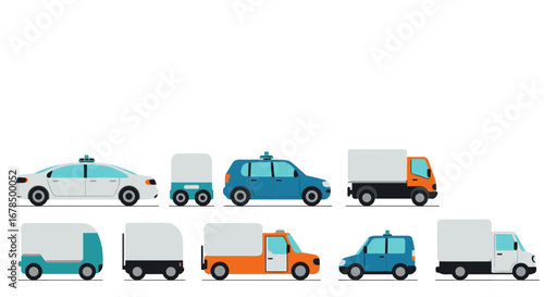 Autonomous electric vehicle fleet in flat design with side view