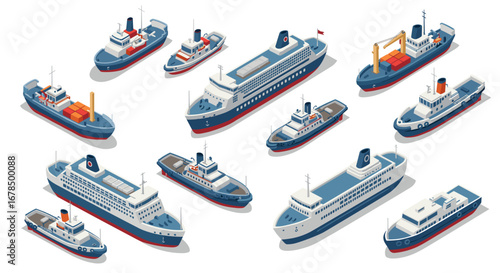 Isometric collection of various ships and boats in maritime transport