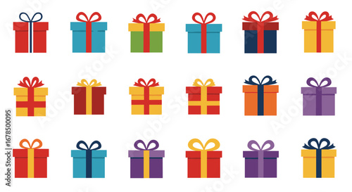 Colorful gift box collection with bows on white background