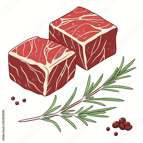 Two raw beef cubes with rosemary sprig and peppercorns, ready for cooking.