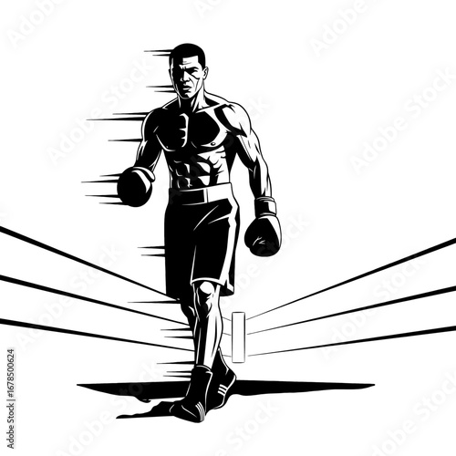 Black and White Illustration of a Muscular Boxer Walking to Ring in Athletic Sport with Dynamic Lines and Strong Masculine Posture