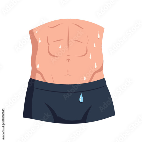 Illustration of Sweaty Toned Male Torso with Defined Abdominal Muscles Wearing Dark Blue Shorts on a White Background
