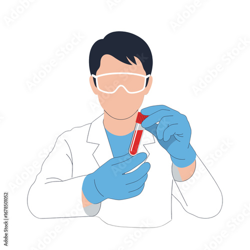 Scientist in White Lab Coat Holding Red Blood Sample in Glass Tube with Blue Gloves Safety Goggles Analyzing Liquid in Clinical Medical Research