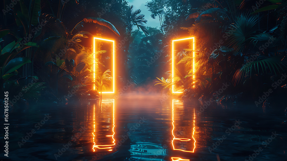 custom made wallpaper toronto digitalGlowing Rectangular Portal Reflecting on Dark Waters Amidst Tropical Foliage, Creating a Mystical Jungle Atmosphere.