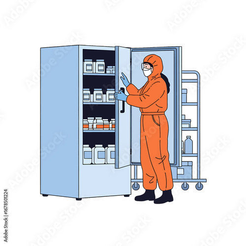 Medical Worker in Orange Protective Suit Inspecting Blue Storage Cabinet in a Lab Setting with Bottles